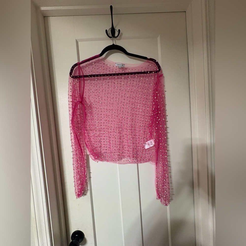 white birch Pink Sheer Beaded Long-Sleeve Top